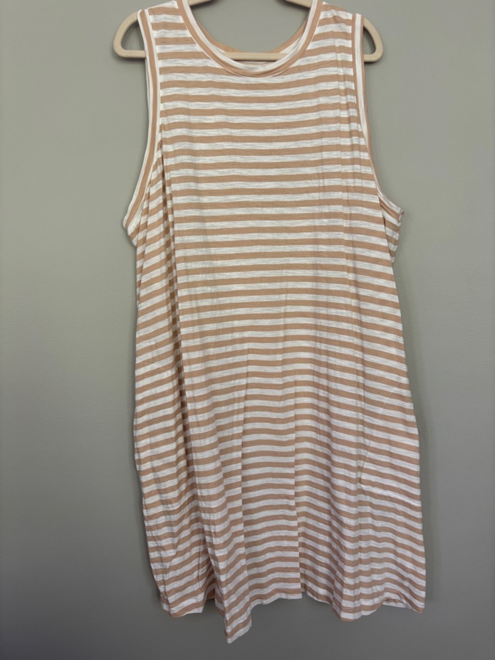 Striped Sleeveless Casual Dress in Beige and White cotton with pockets